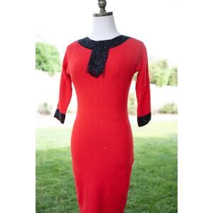 Gene Shelly's Boutique100% Red Wool Dress with Glass Beaded Design Size 8